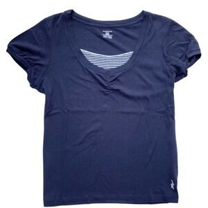 Jones NY Sport Cap Sleeve Navy and White Stripes at Neckline XL